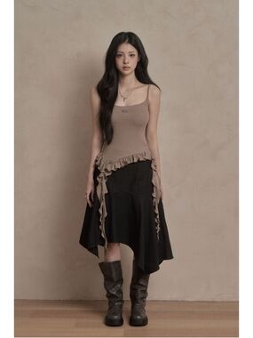 Musinsa KhakiPoint Unbalanced Midi Skirt (black)
